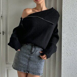 Black Casual Women's Loose High Collar Zip-Up Long Sleeve Street Knit Cardigan